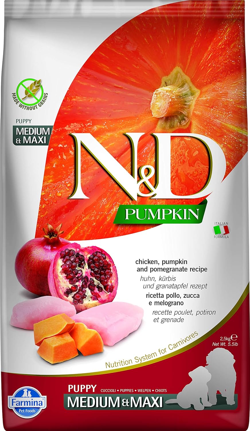 Farmina N D Pumpkin Puppy Medium Maxi Dog Food Chicken Pumpkin Pomegranate Rich In Anti Oxidants Complete Food For Puppies 2 5kg No Artificial Preservatives