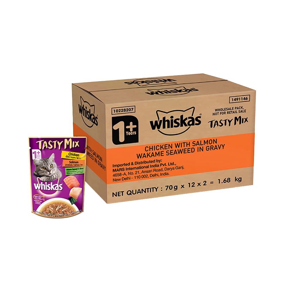 Whiskas Adult 1 Year Tasty Mix Wet Cat Food Made With Real Fish Chicken With Salmon Wakame Seaweed In Gravy Pack Of 24 1 68kg
