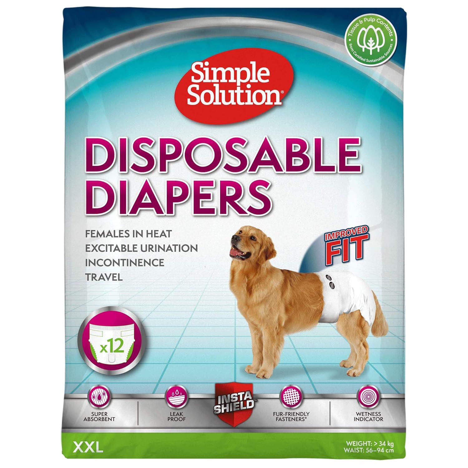 Simple Solution True Fit Disposable Dog Diapers For Female Dogs Super Absorbent With Wetness Indicator Leak Proof Quickly Absorb Liquid For Long Lasting Dryness Xxl Size 56 94cm Waist 12 Pack