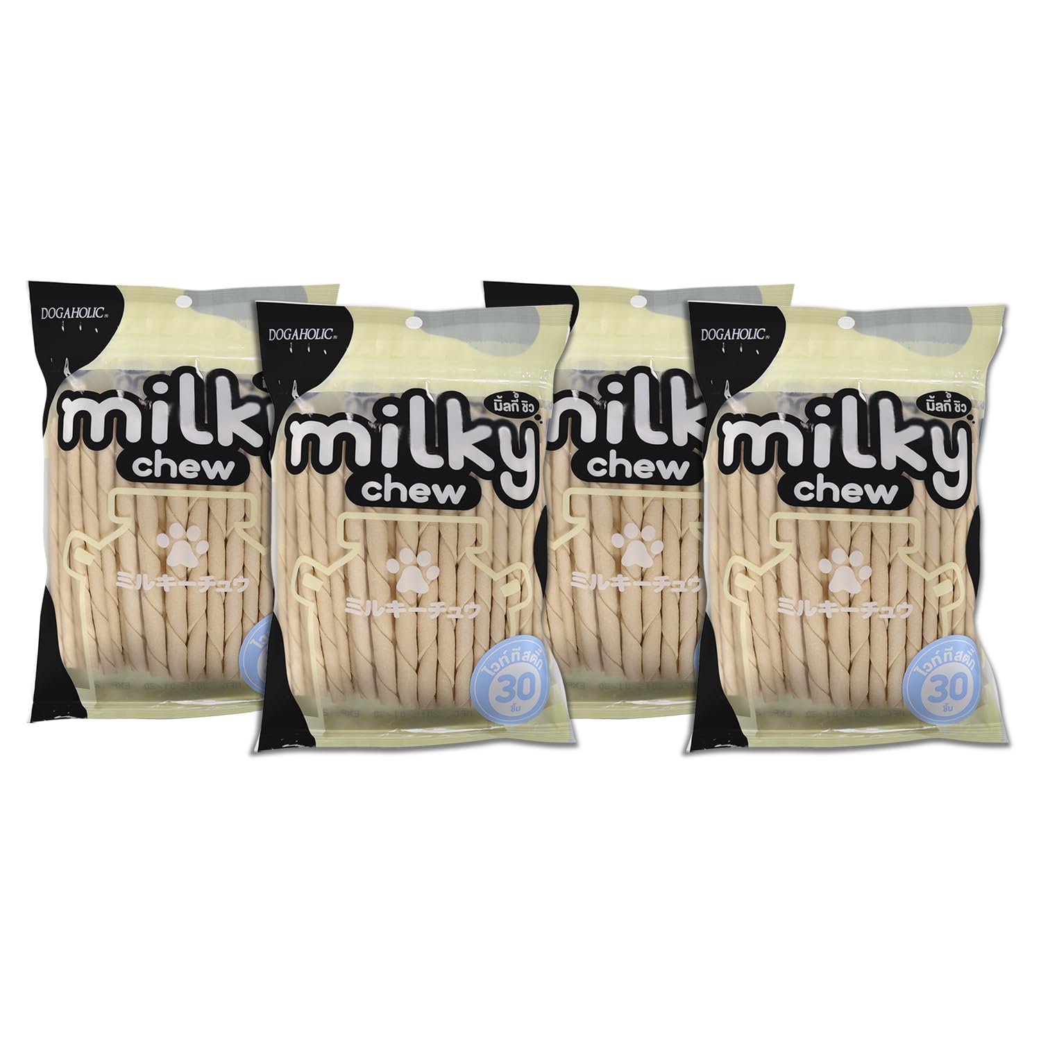 Dogaholic Milky Chew Stick Style Dog Treats Pack Of 4 Milk Flavoured Rawhide Chews For Dogs Of All Ages And Sizes Supports Strong Teeth And Bones 30 Sticks Per Pack