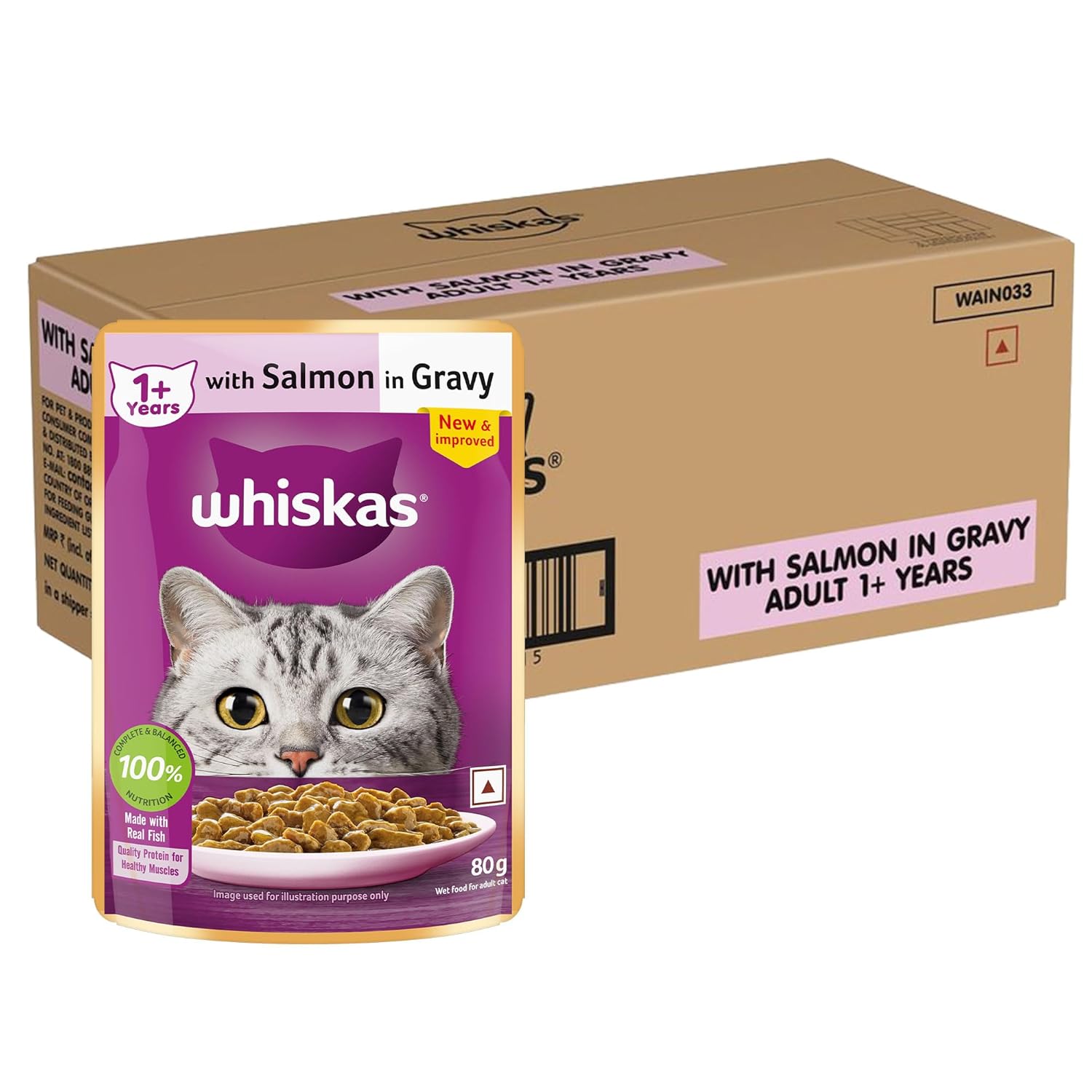 Whiskas Adult 1 Years Wet Cat Food Salmon In Gravy 80 G Pack Of 56 Hydrating Food Made With Real Fish 100 Complete Balanced Nutrition For Adult Cats