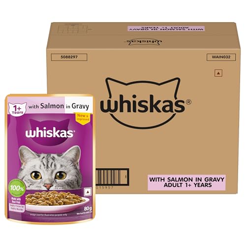 Whiskas Adult (1+ Years) Wet Cat Food, Salmon in Gravy, 80 g (Pack of 112), Hydrating Food Made With Real Fish, 100% Complete & Balanced Nutrition for Adult Cats