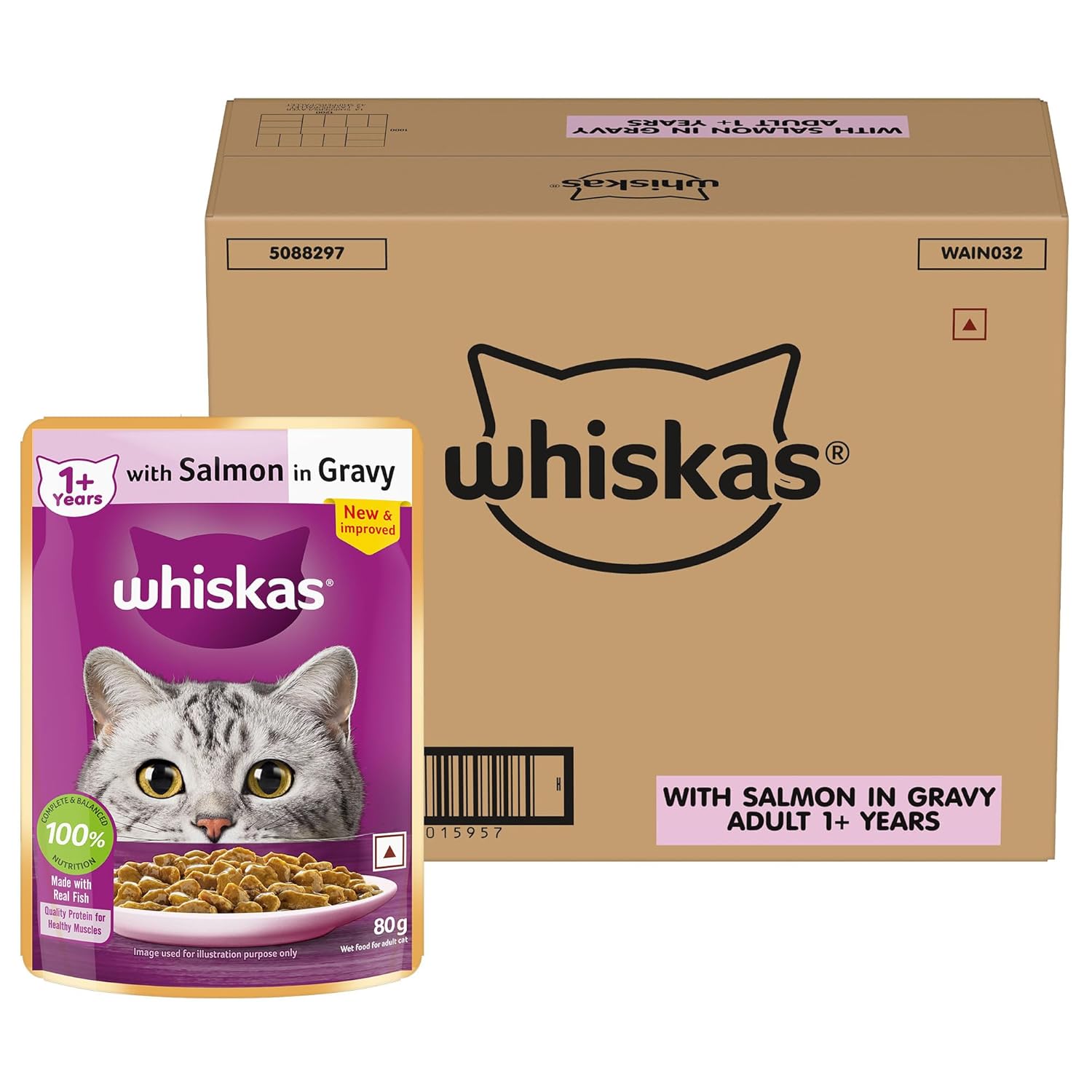Whiskas Adult 1 Years Wet Cat Food Salmon In Gravy 80 G Pack Of 112 Hydrating Food Made With Real Fish 100 Complete Balanced Nutrition For Adult Cats