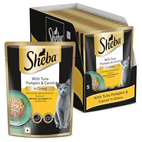 Sheba Fine Premium Adult (1+ Years) Wet Cat Food, Tuna Pumpkin & Carrot in Gravy, 70 g Pouch (Pack of 14), High-moisture gravy cat food for healthy hydration
