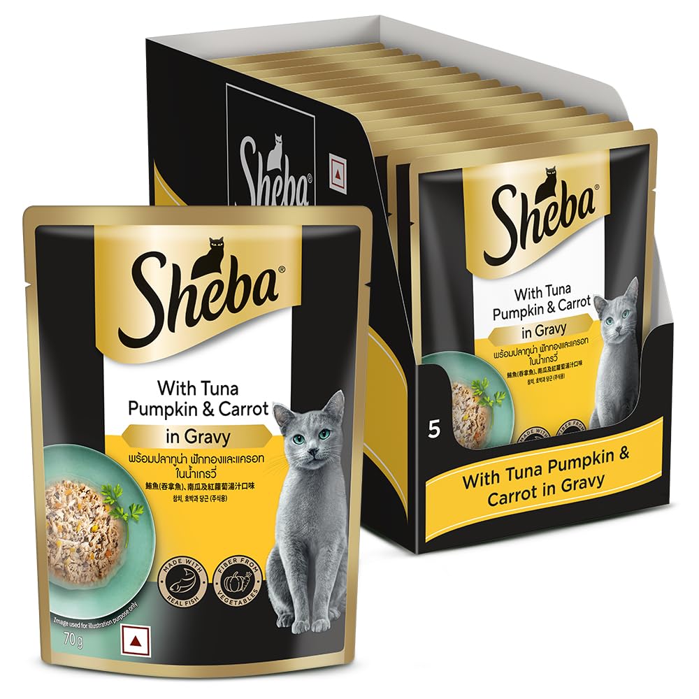 Sheba Fine Premium Adult 1 Years Wet Cat Food Tuna Pumpkin Carrot In Gravy 70 G Pouch Pack Of 14 High Moisture Gravy Cat Food For Healthy Hydration