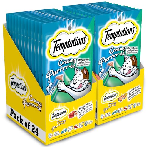 Temptations Creamy Purrrrr-ée Lickable Cat Treats, Maguro and Scallop Flavour, 48 G, (Pack of 24), Made with Real Fish, Goodness of Protein, Vitamins & Minerals, All Life Stages