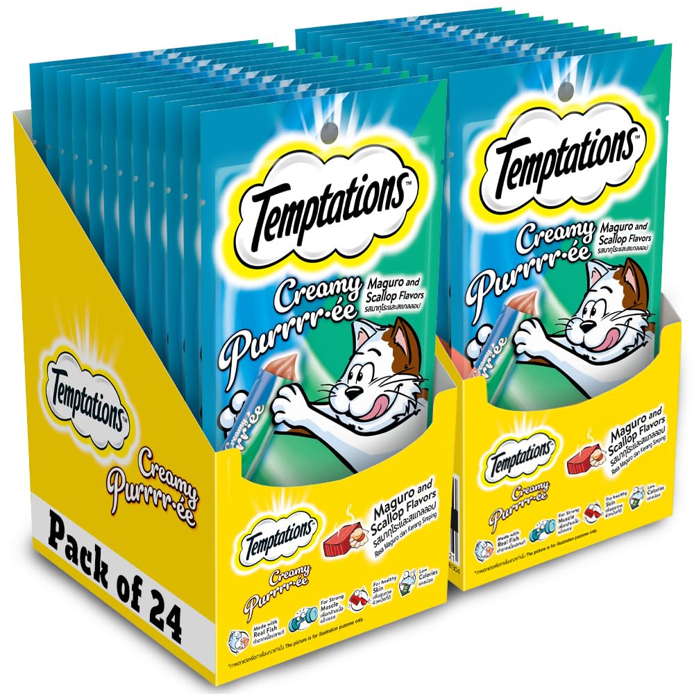 Temptations Creamy Purrrrr Ee Lickable Cat Treats Maguro And Scallop Flavour 48 G Pack Of 24 Made With Real Fish Goodness Of Protein Vitamins Minerals All Life Stages