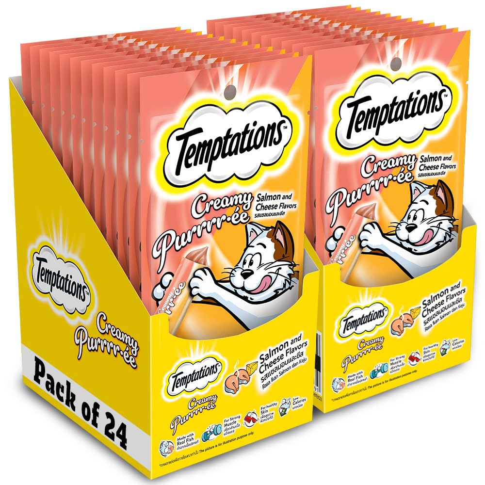 Temptations Creamy Purrrrr Ee Lickable Cat Treats Salmon Cheese Flavour 48 G Pack Of 24 Made With Real Fish Goodness Of Protein Vitamins Minerals All Life Stages