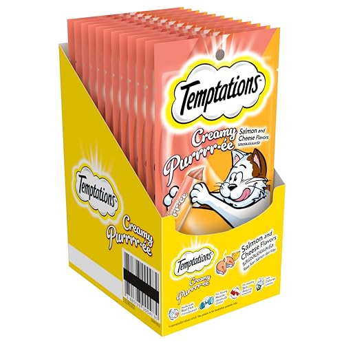 Temptations Creamy Purrrrr-ée Lickable Cat Treats, Salmon & Cheese Flavour, 48 g, (Pack of 12), Made with Real Fish, Goodness of Protein, Vitamins & Minerals, Adult