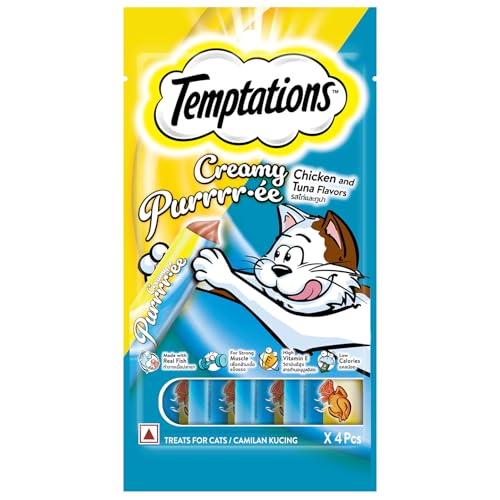 Temptations Creamy Purrrrr-ée Lickable Cat Treats, Chicken & Tuna Flavour, 48 G, Made with Real Fish, Goodness of Protein, Vitamins & Minerals,All Life Stages