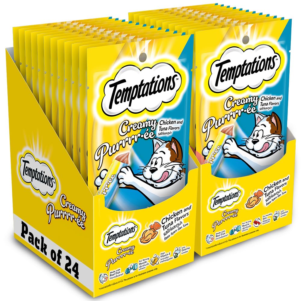 Temptations Creamy Purrrrr Ee Lickable Cat Treats Chicken Tuna Flavour 48g Pack Of 24 Made With Real Fish Goodness Of Protein Vitamins Minerals All Life Stages