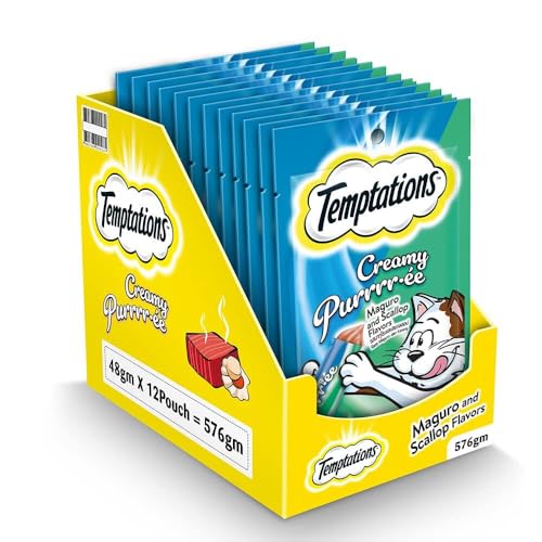 Temptations Creamy Purrrrr-ée Lickable Cat Treats, Maguro and Scallop Flavour, 48 G, (Pack of 12), Made with Real Fish, Goodness of Protein, Vitamins & Minerals, All Life Stages