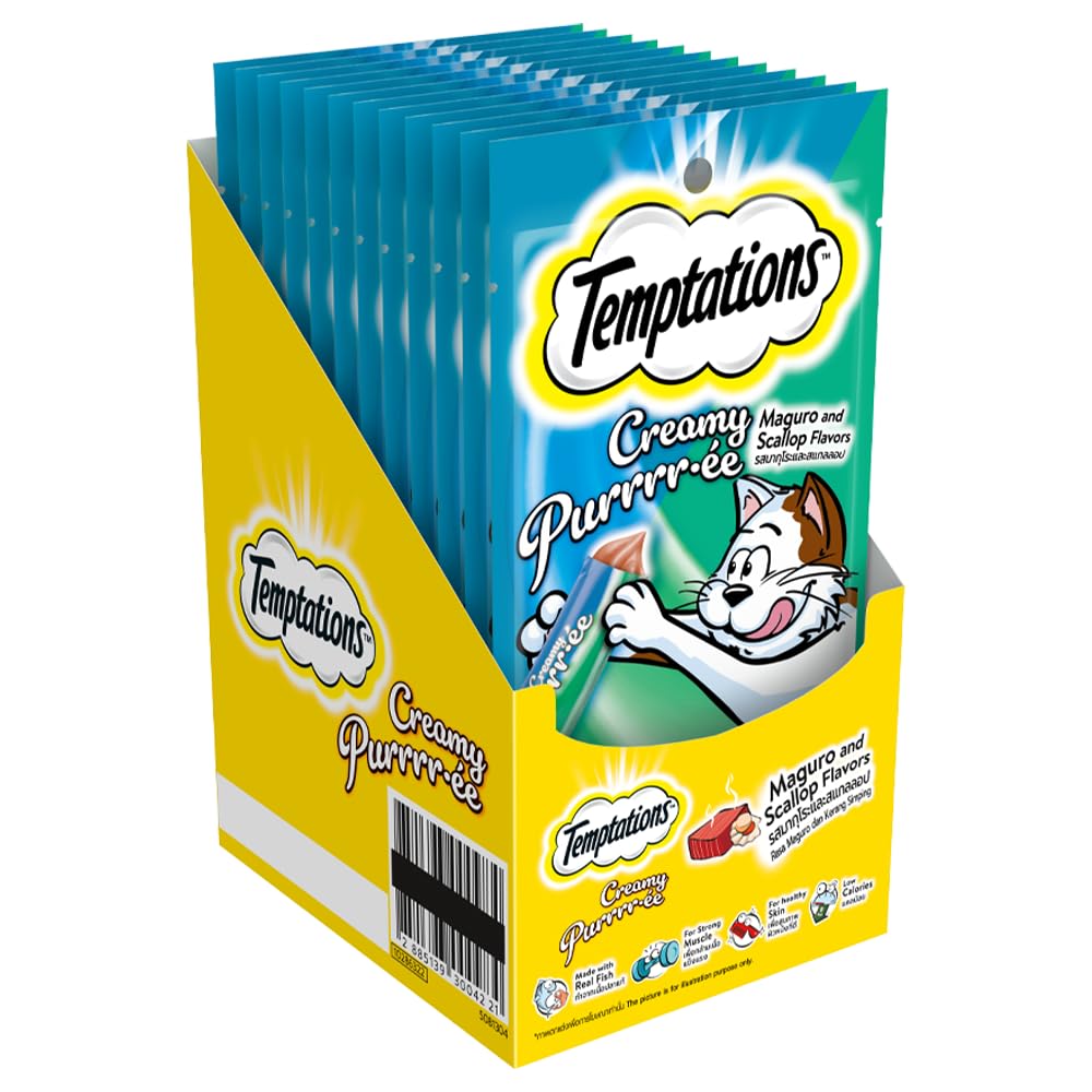 Temptations Creamy Purrrrr Ee Lickable Cat Treats Maguro And Scallop Flavour 48 G Pack Of 12 Made With Real Fish Goodness Of Protein Vitamins Minerals All Life Stages