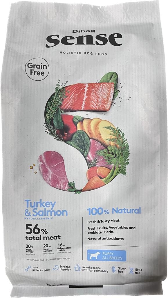 Dibaq Sense Puppy Grain Free Turkey And Salmon 56 Total Meat Complete Hypoallergenic Specially For Puppies For All Breads Form First Month Until The Age Of 12 To 18 Months 12kg