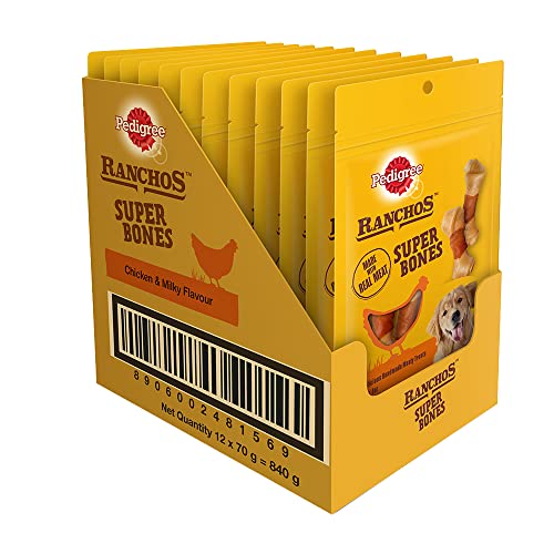 Pedigree Ranchos Super Bones (1+ Years) Dog Treats, Chicken & Milky Flavour, 70 g (Pack of 12), Low-Fat Treat With No Added Sugar