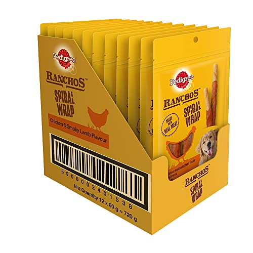 Pedigree Ranchos Spiral Wrap (1+ Years) Dog Treats, Chicken & Smokey Lamb Flavour, 60 g (Pack of 12), Rich in Protein & Low in Fat With No Added Sugar