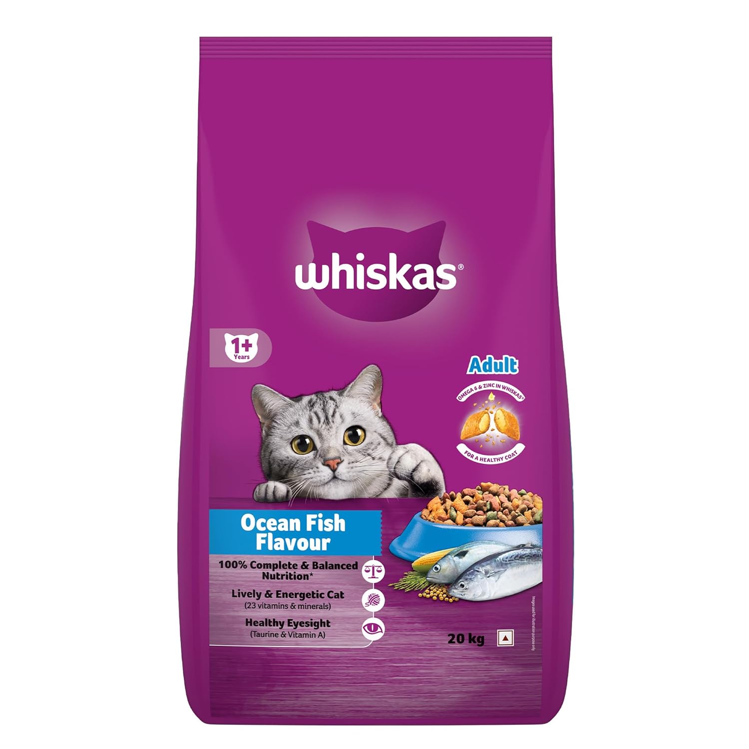 Whiskas Adult 1 Years Dry Cat Food Ocean Fish Flavour 20 Kg Contains 41 Essential Nutrients Complete Balanced Nutrition For Adult Cats