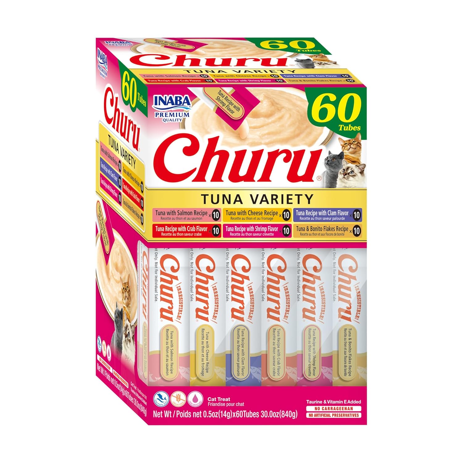 Inaba Churu Cat Treats Grain Free Lickable Squeezable Creamy Puree Cat Treat Topper With Vitamin E Taurine 0 5 Ounces Each Tube 60 Tubes Tuna Variety Box