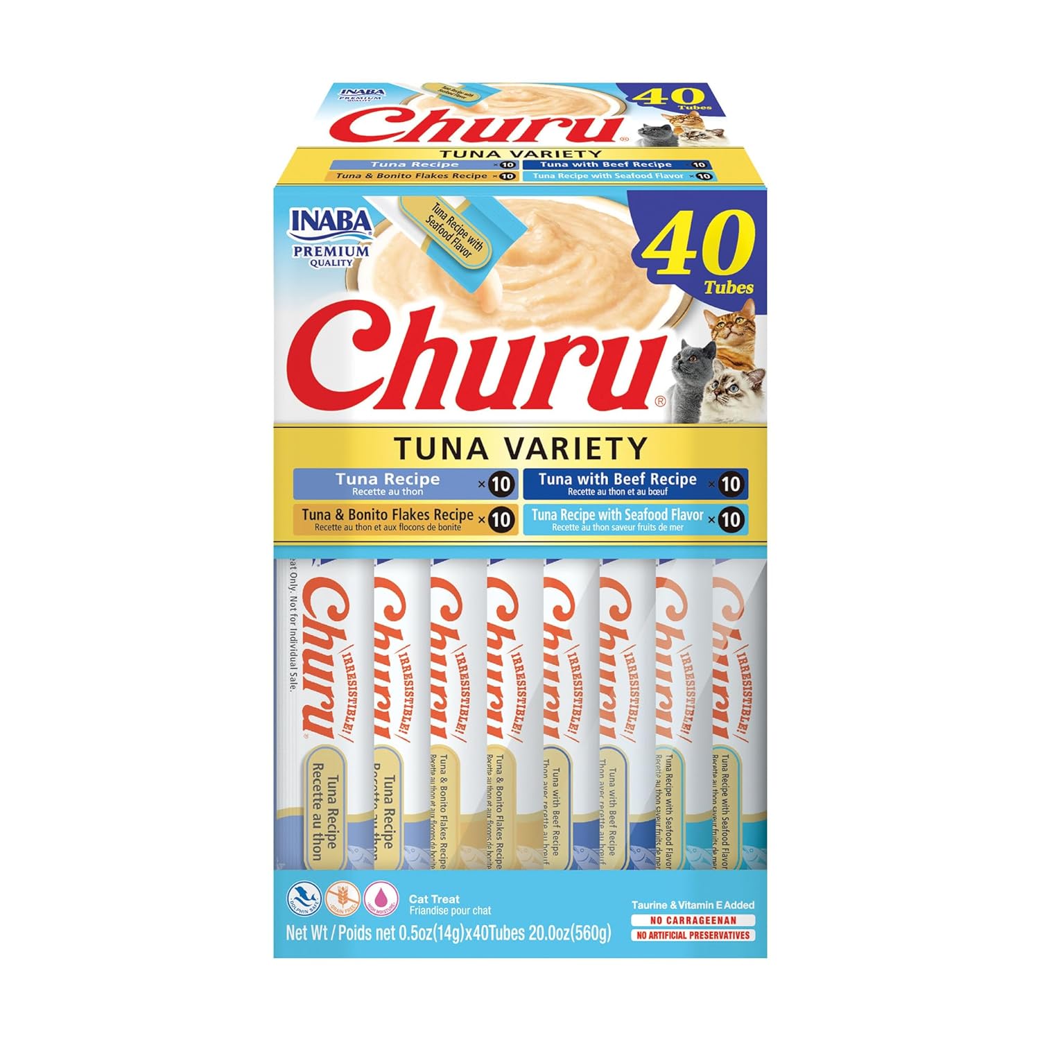 Inaba Churu Cat Treats Grain Free Lickable Squeezable Creamy Puree Cat Treat Topper With Vitamin E Taurine 0 5 Ounces Each Tube 40 Tubes Tuna Variety Box