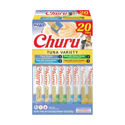 INABA Churu Cat Treats, Grain-free, Lickable Squeezable Cream Purée Cat Treat/Topper with Vitamin E and Taurine, 20 Tubes, Tuna Variety Box