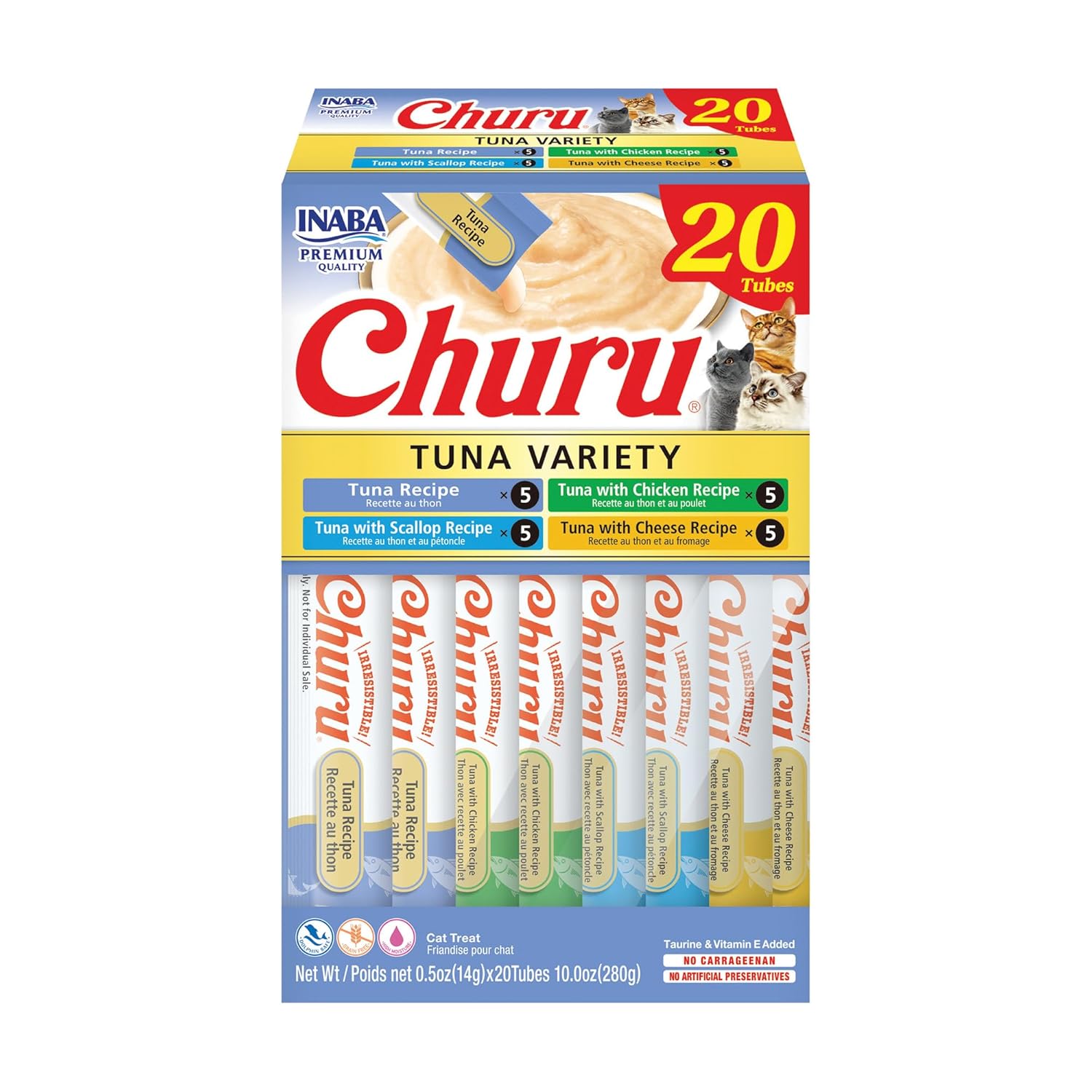 Inaba Churu Cat Treats Grain Free Lickable Squeezable Cream Puree Cat Treat Topper With Vitamin E And Taurine 20 Tubes Tuna Variety Box