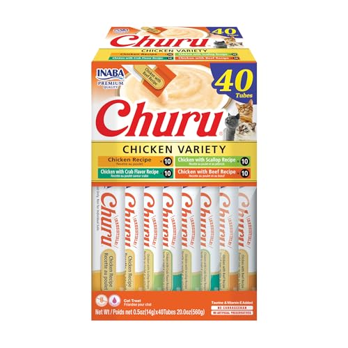INABA Churu Cat Treats, Grain-Free, Lickable, Squeezable Creamy Purée Cat Treat/Topper with Vitamin E & Taurine, 0.5 Ounces Each Tube, 40 Tubes, Chicken Variety Box