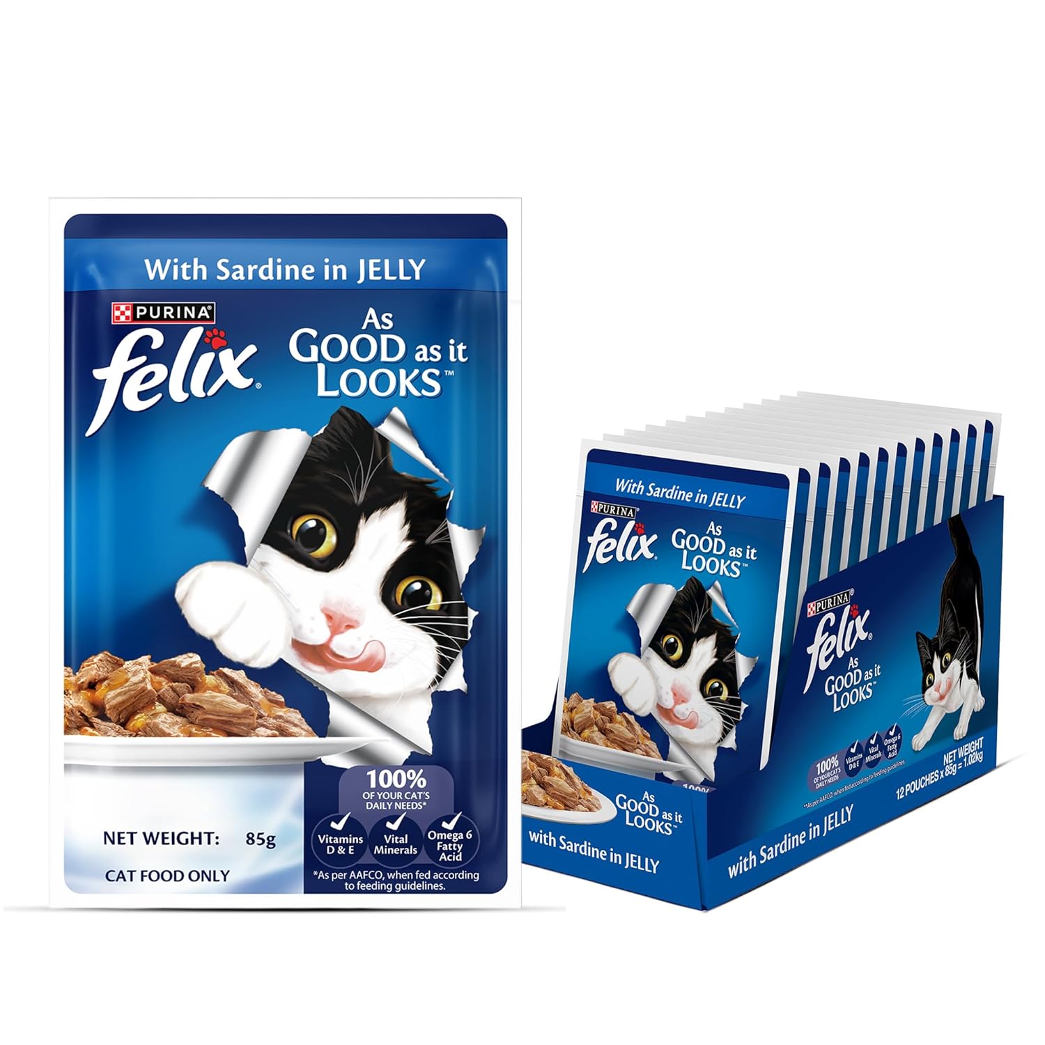Purina Felix With Sardine In Jelly Wet Food For Adults Complete And Balanced Cat Food Pack Of 12 Pouches 12 X 85 G