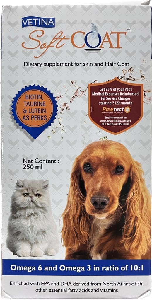 Vetina Soft Coat Dietry Supplement For Skin And Hairs Coat Omega 6 And Omega 3 In Ratio Of 10 1 Fish Oil 200ml Pack Of 2