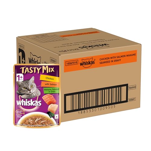 Whiskas Tasty Mix Adult (1+ Year) Wet Cat Food, Chicken with Salmon Wakame Seaweed in Gravy, 70 g, Pack of 28|Made with Real Fish|Complete & Balanced Nutrition for Adult Cat