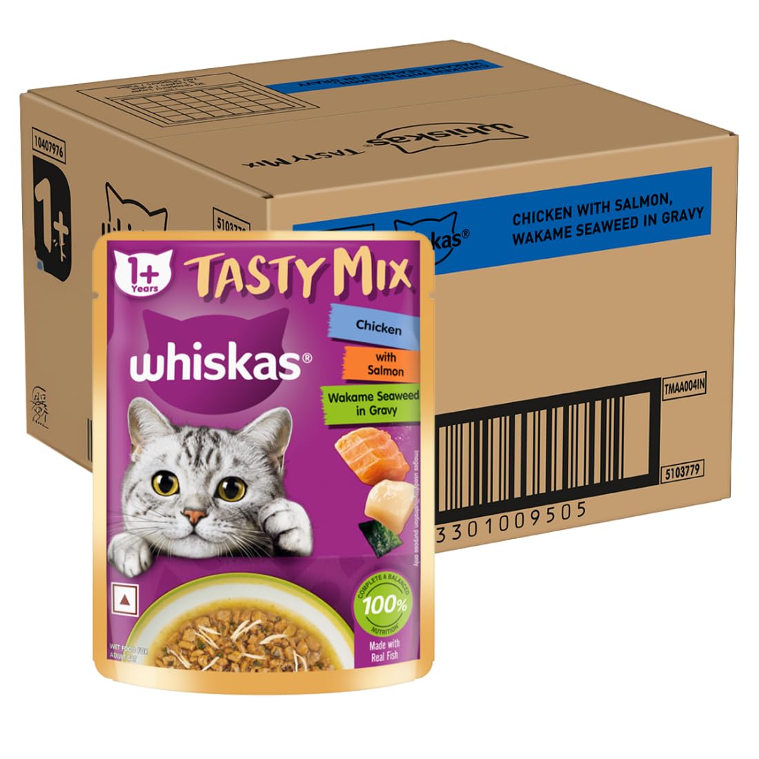Whiskas Tasty Mix Adult 1 Year Wet Cat Food Chicken With Salmon Wakame Seaweed In Gravy 70 G Pack Of 28 Made With Real Fish Complete Balanced Nutrition For Adult Cat