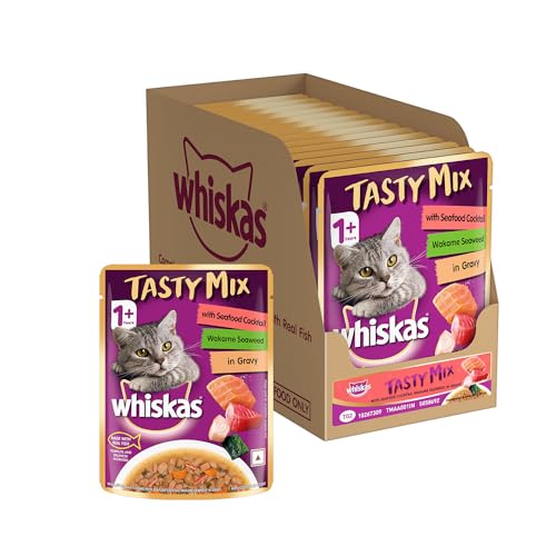 Whiskas Tasty Mix Adult (1+ Year) Wet Cat Food, Seafood Cocktail Wakame Seaweed in Gravy, 70 g, Pack of 14|Made with Real Fish|Complete & Balanced Nutrition for Adult cat