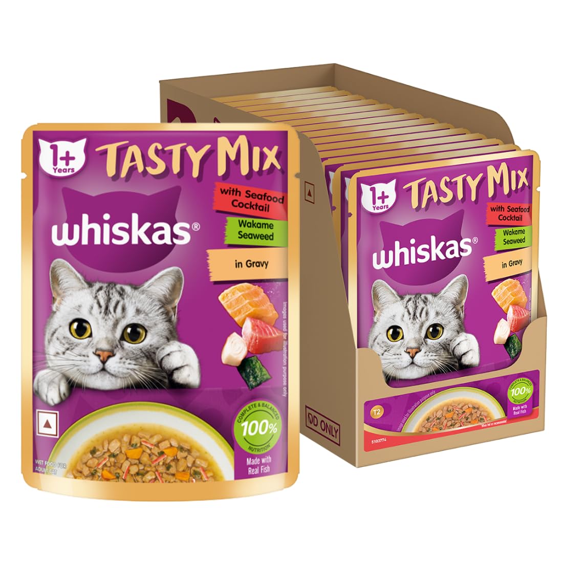 Whiskas Tasty Mix Adult 1 Year Wet Cat Food Seafood Cocktail Wakame Seaweed In Gravy 70 G Pack Of 14 Made With Real Fish Complete Balanced Nutrition For Adult Cat