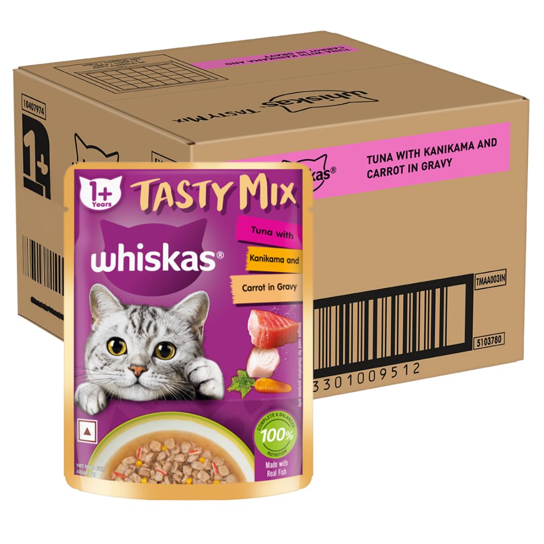 Whiskas Tasty Mix Adult 1 Year Wet Cat Food Tuna With Kanikama Carrot In Gravy 70g Pack Of 28 Made With Real Fish Complete Balanced Nutrition For Adult Cat