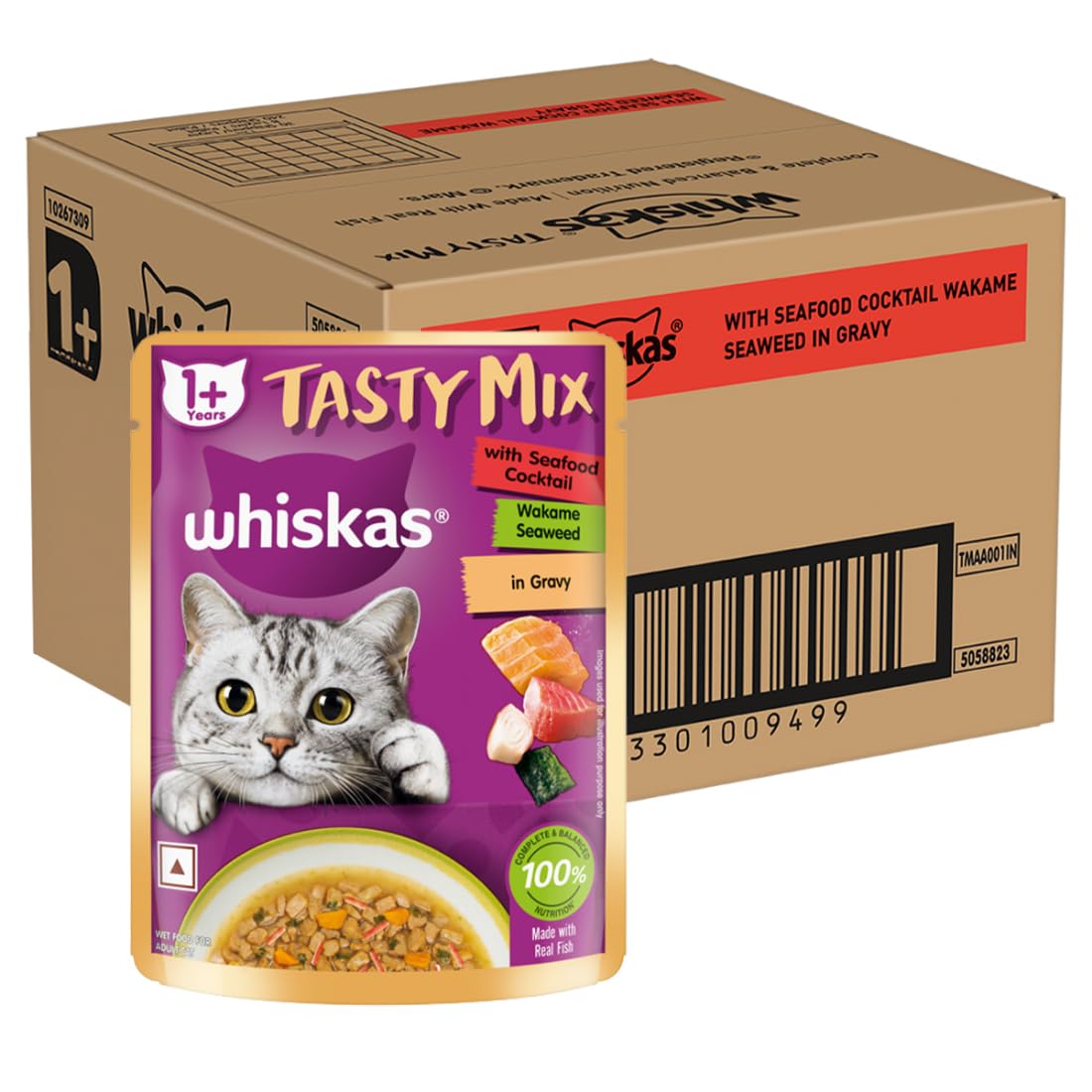 Whiskas Tasty Mix Adult 1 Year Wet Cat Food Seafood Cocktail Wakame Seaweed In Gravy 70 G Pack Of 28 Made With Real Fish Complete Balanced Nutrition For Adult Cat