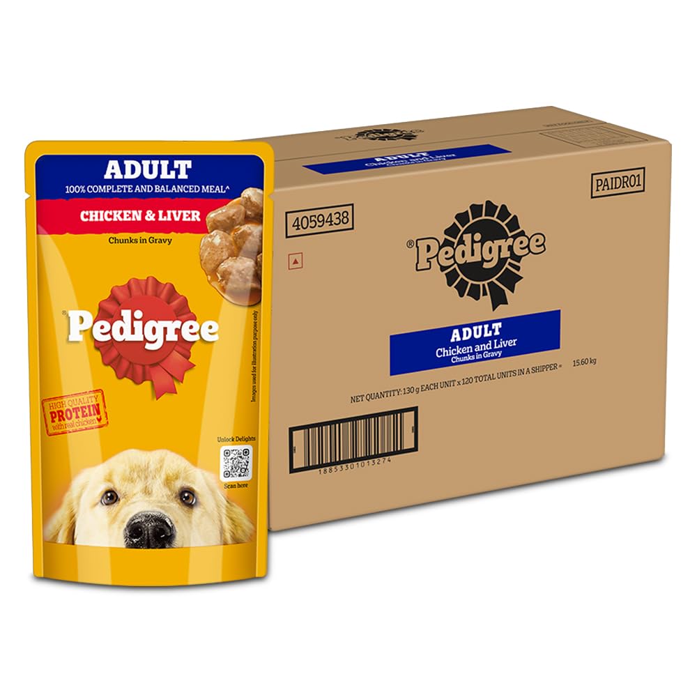 Pedigree Adult Wet Dog Food Chicken Liver Chunks In Gravy 130 G Pack Of 120 Complete Balanced Meal For Adult Dogs