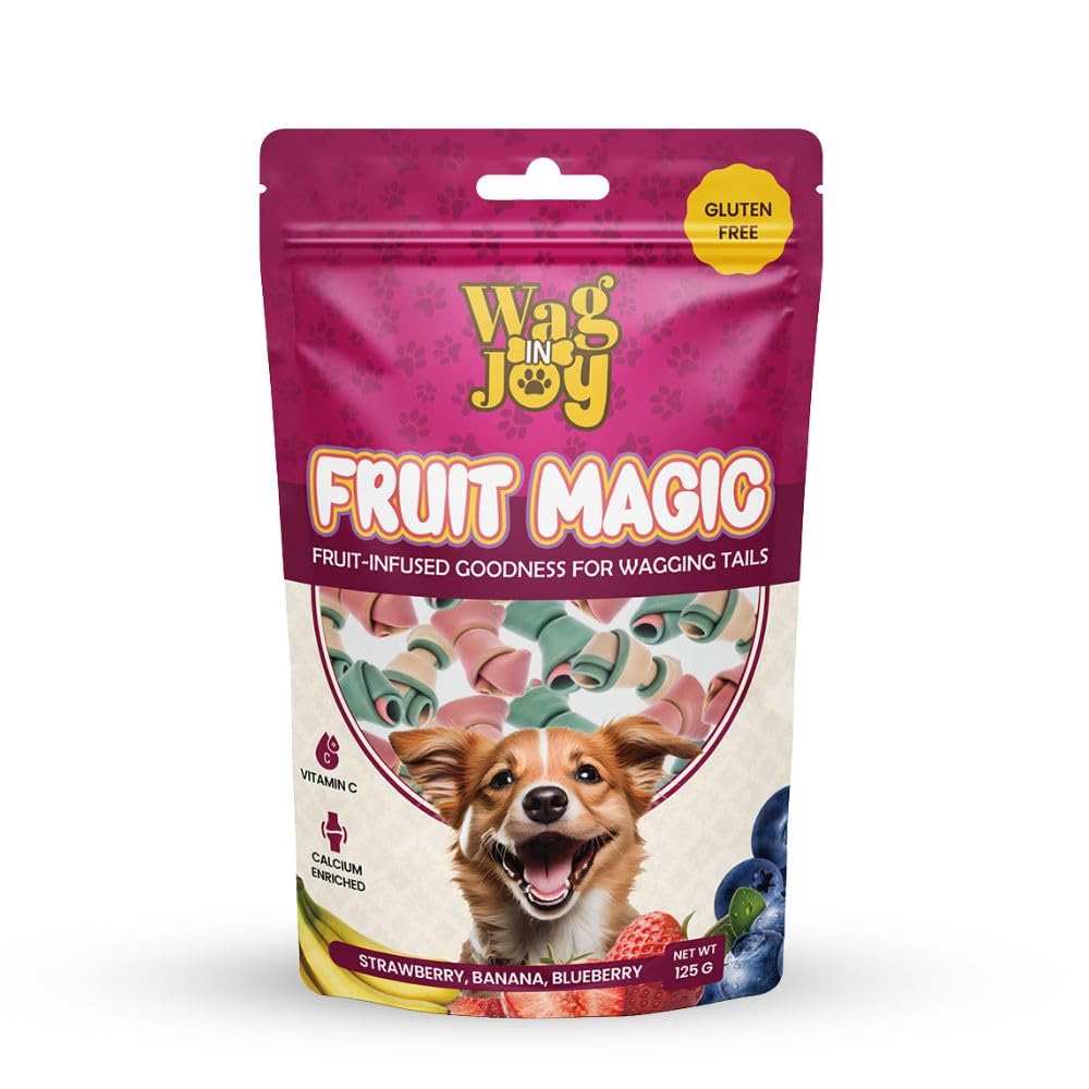 Fruit Magic Veg Treats For Dogs Vitamin C Calcium Enriched Gluten Free Mix Fruit Strawberry Blueberry Banana Flavour 125 Gm Knotted Shape All Life Stages