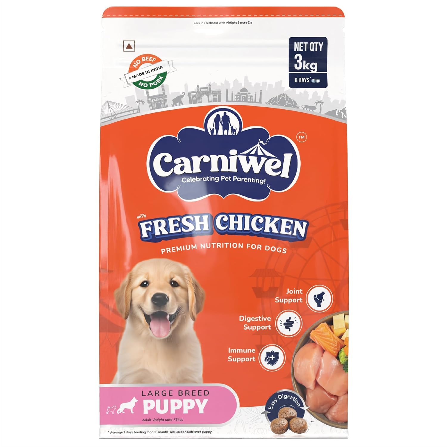 Carniwel Fresh Chicken Puppy Dry Dog Food 3kg Natural Ingredients For Healthy Skin Coat Highly Palatable Supports Brain Muscle Development Tailored Premium Nutrition For Large Dogs