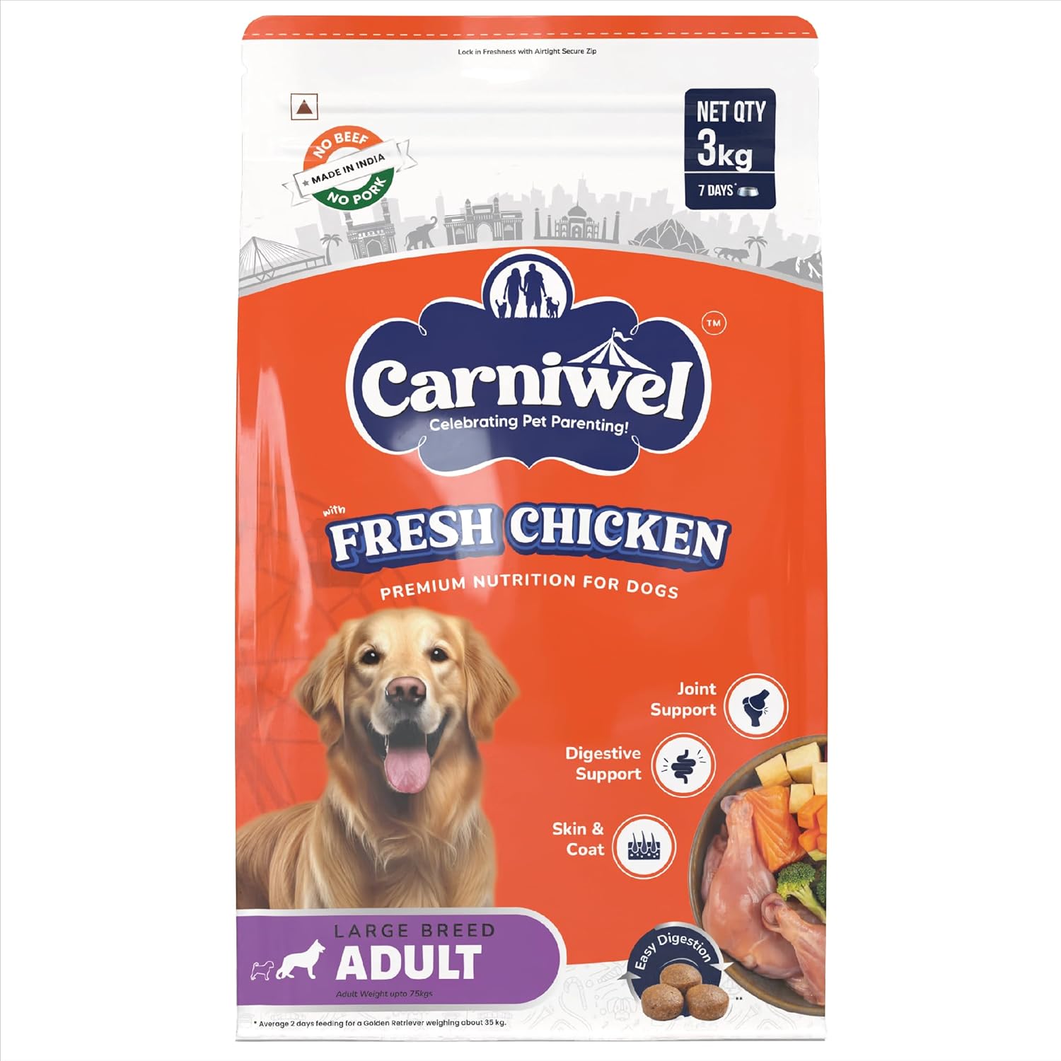 Carniwel Fresh Chicken Adult Dry Dog Food 3kg Natural Ingredients For Optimal Skin Coat Health Highly Palatable Supports Joint Health Tailored Premium Nutrition For Large Dogs