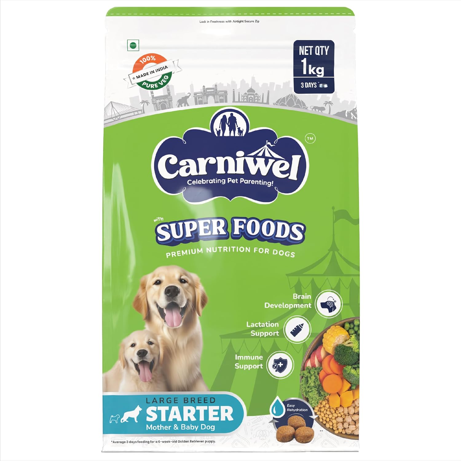 Carniwel Superfoods Starter Dry Dog Food 1 Kg 100 Vegetarian Fresh Natural Ingredients Highly Palatable Gmo Free Premium Nutrition For Large Dogs