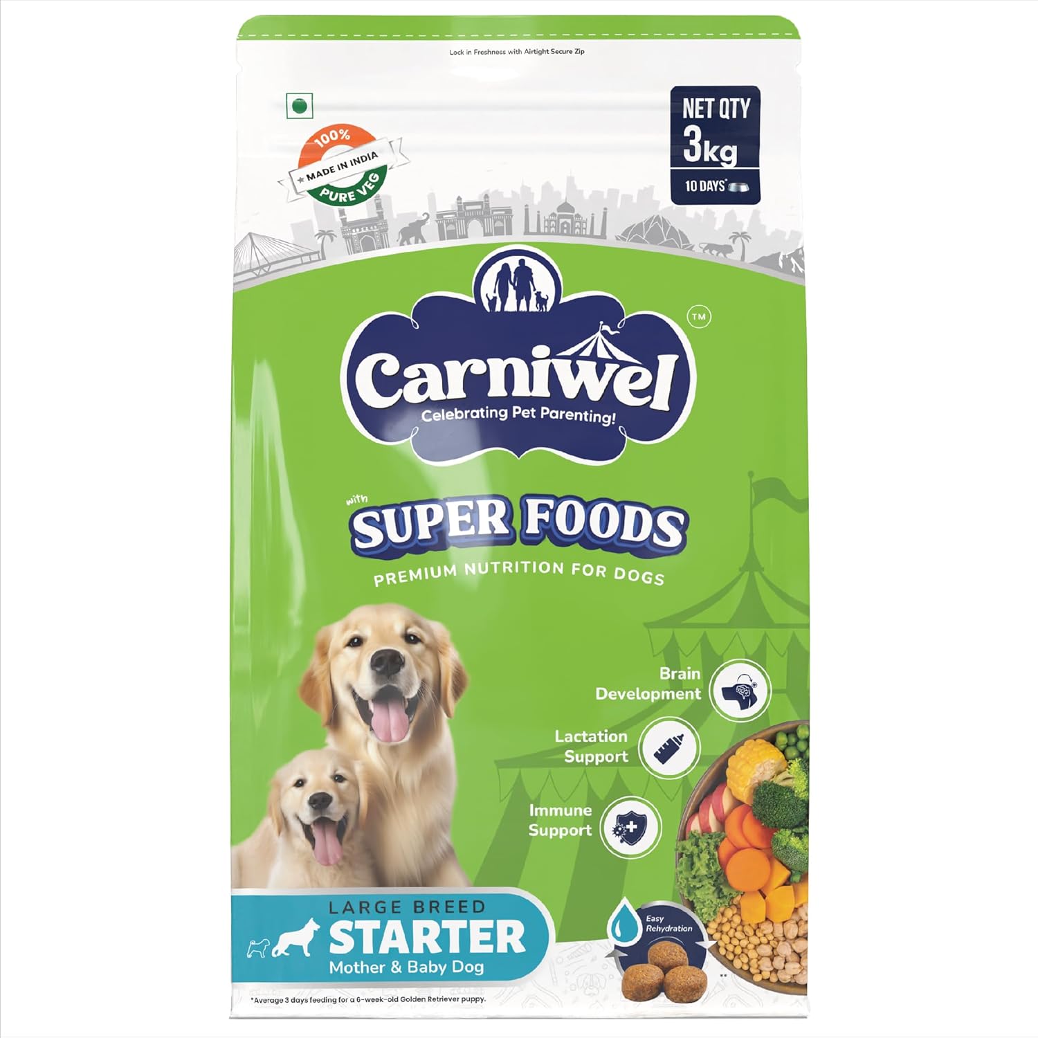 Carniwel Superfoods Starter Dry Dog Food 3 Kg 100 Vegetarian Fresh Natural Ingredients Highly Palatable Gmo Free Premium Nutrition For Large Dogs