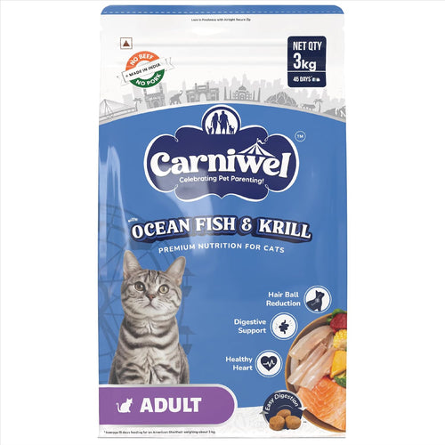 Carniwel Ocean Fish Antarctic Krill Adult Dry Cat Food 3 Kg Fresh Natural Ingredients Highly Palatable Supports Healthy Skin Glossy Coat Premium Nutrition For Cats