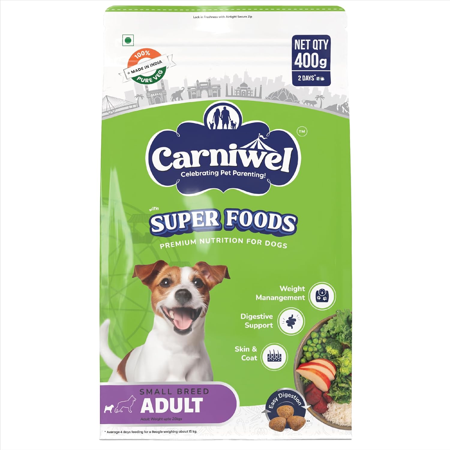 Carniwel Superfoods Adult Dry Dog Food 400 Gm 100 Vegetarian Fresh Natural Ingredients Highly Palatable Gmo Free Premium Nutrition For Small Dogs