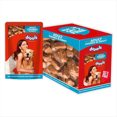 Drools Adult Wet Dog Food (12 x 60g) | Real Chicken & Liver Chunks in Gravy | Supports Skin, Coat, Joint Health & Easy Digestion