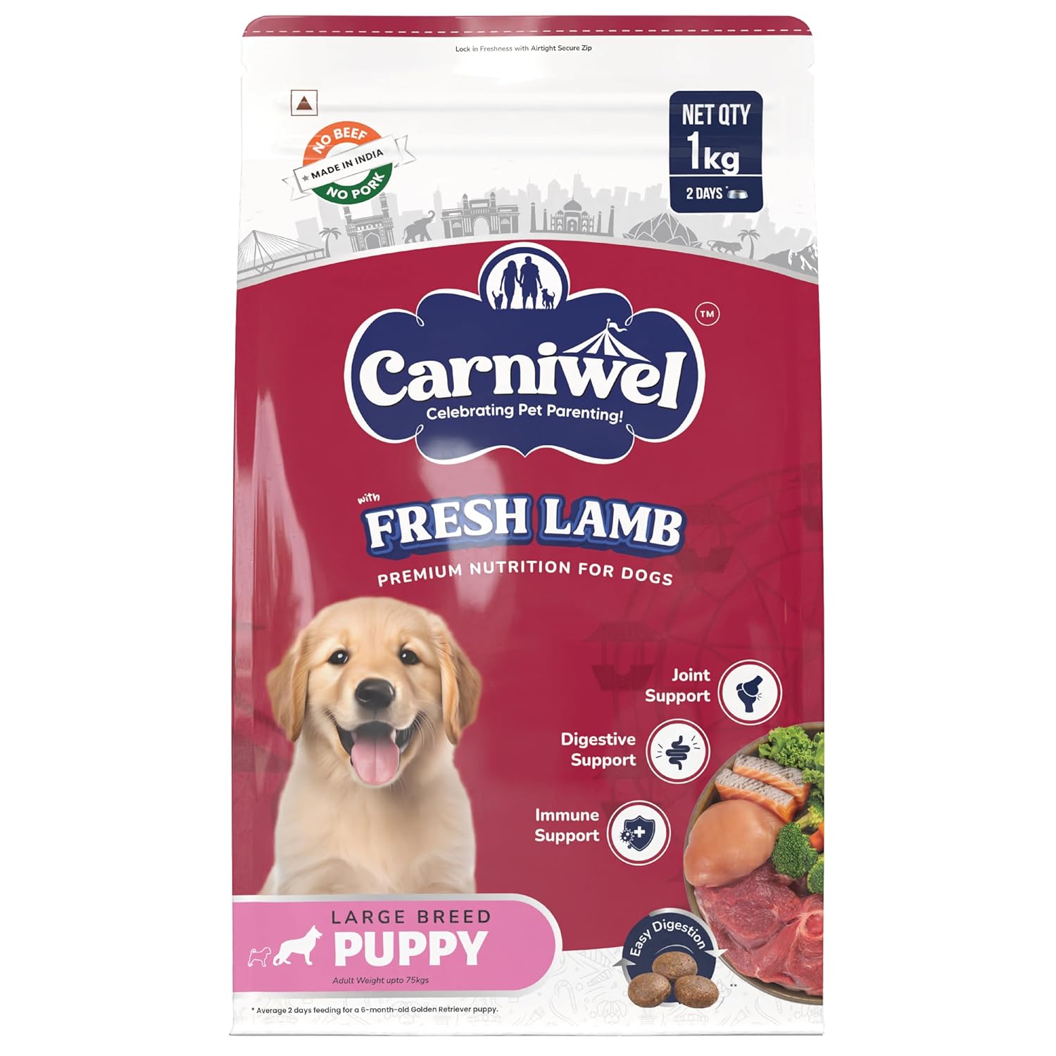 Carniwel Fresh Lamb Puppy Dry Dog Food 1 Kg Natural Ingredients For Healthy Skin Coat Highly Palatable Supports Brain Muscle Development Tailored Premium Nutrition For Large Dogs