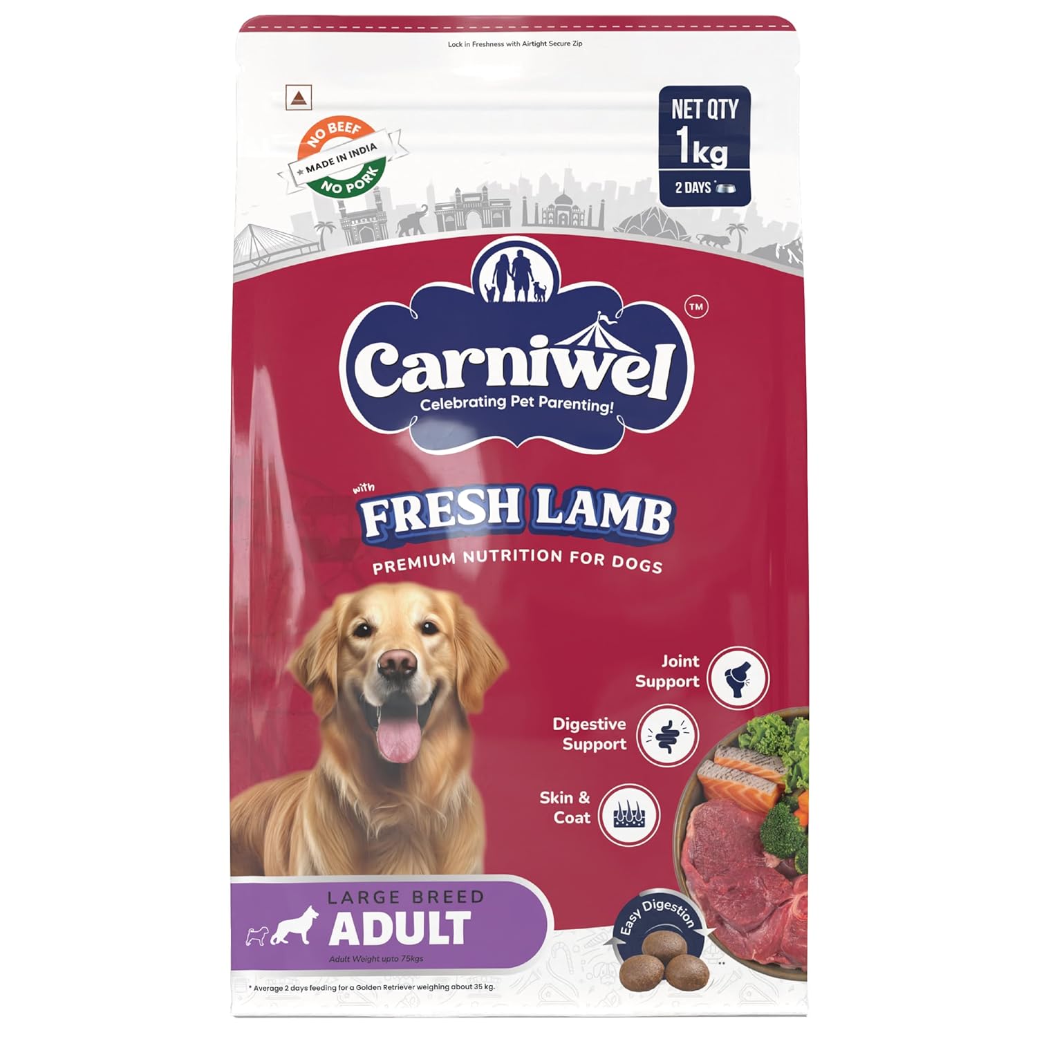 Carniwel Fresh Lamb Adult Dry Dog Food 1 Kg Natural Ingredients For Optimal Skin Coat Health Highly Palatable Supports Joint Health Tailored Premium Nutrition For Large Dogs