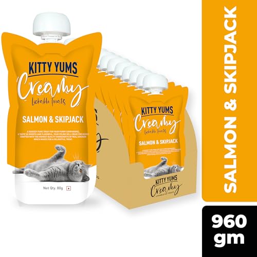 Kitty YUMS All Life Stages Creamy Lickable Cat Treat (80g X12),960g Pack | Salmon & Skipjack Flavour | Stick| Easy to Hand Feed | Creates Better Bonding | Antioxidants Boost Immunity | Easy Acceptance
