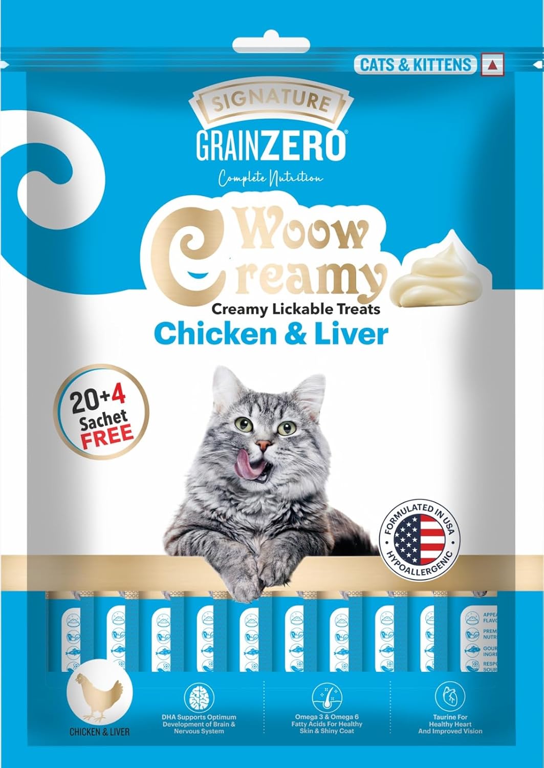 Grain Zero Creamy Lickable Cat Treats Chicken And Liver 360 Gm 20 Sachet 4 Free Rich In Protein Promotes Hydration No Artificial Preservatives For Training And Bonding For Kitten Adult
