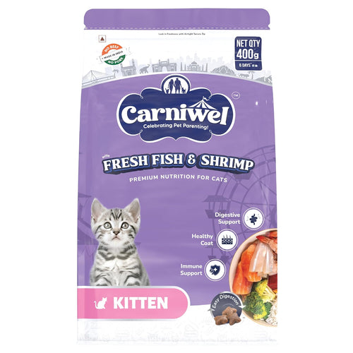 Carniwel Fresh Fish Shrimp Kitten Dry Cat Food 400 Gm Fresh Natural Ingredients Highly Palatable Supports Healthy Skin Glossy Coat Premium Nutrition