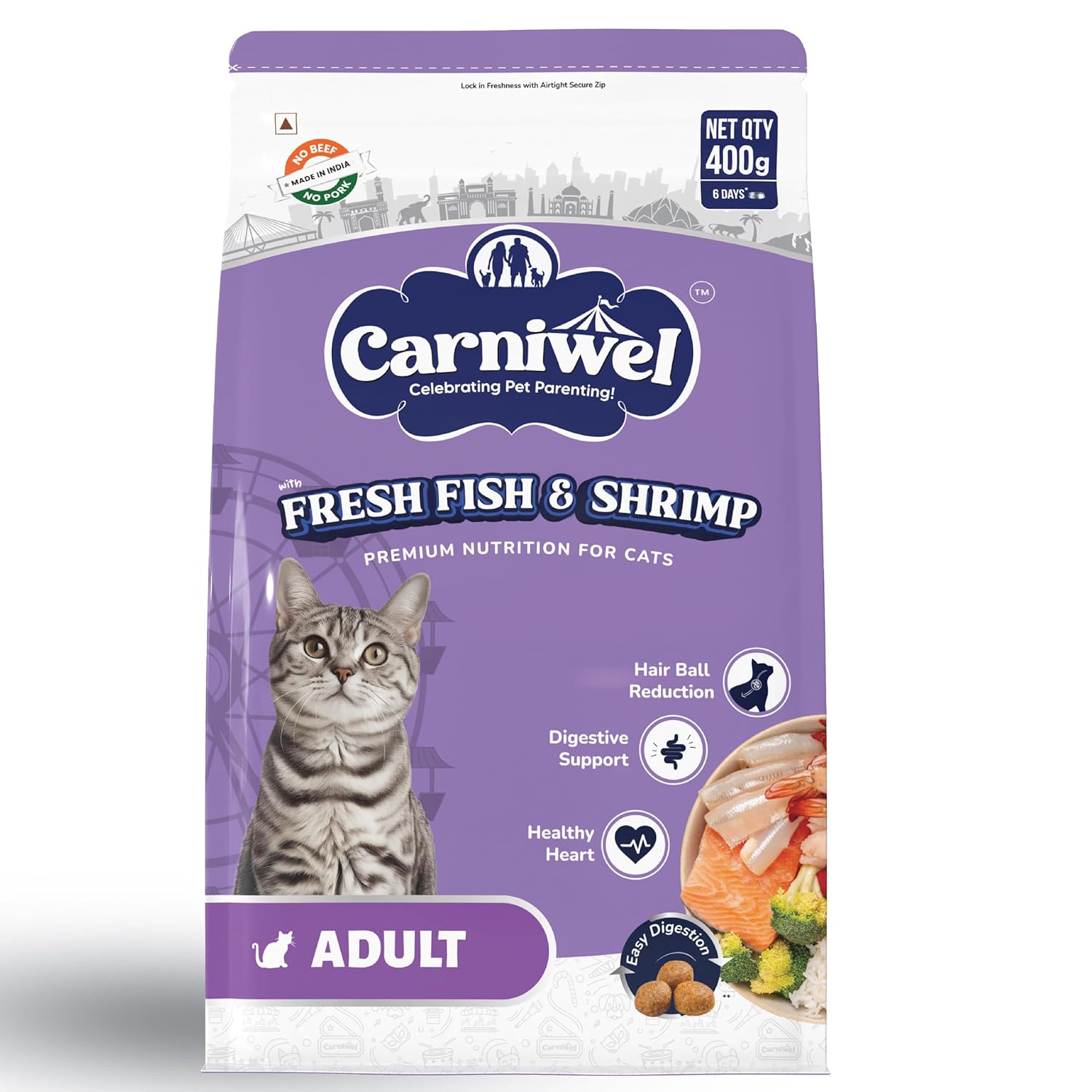 Carniwel Fresh Fish Shrimp Adult Dry Cat Food 400 Gm Fresh Natural Ingredients Highly Palatable Supports Healthy Skin Glossy Coat Premium Nutrition For Cats
