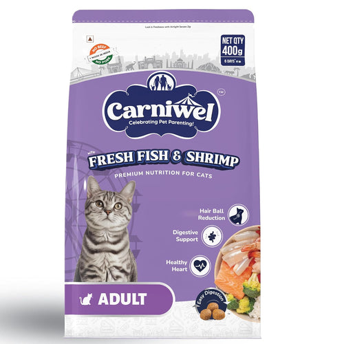 Carniwel Fresh Fish Shrimp Adult Dry Cat Food 400 Gm Fresh Natural Ingredients Highly Palatable Supports Healthy Skin Glossy Coat Premium Nutrition For Cats